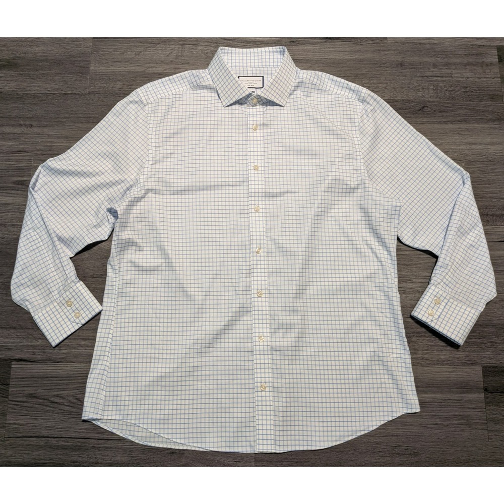 Charles Tyrwhitt‎ Men's White Blue Window Pane Plaid Dress Shirt Size 17.5-34